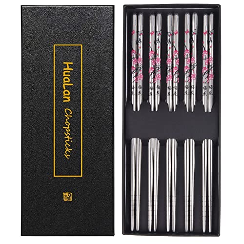 Stainless Steel Chopsticks, Metal Chopsticks, Reusable Non-slip Design Chop Sticks, 5 Pairs Gift Set,Plum Pattern Design - color: Wintersweet
