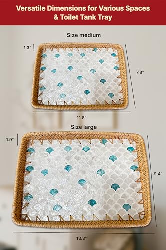 Rattan Rectangle Tray with Mother of Pearl Inlay, Unique Decorative and Serving Tray for Outdoor,Bathroom, Kitchen, Vanity, Perfume, or Coffee Table (Combo Fin 13"&11.8") - color: Combo Fin