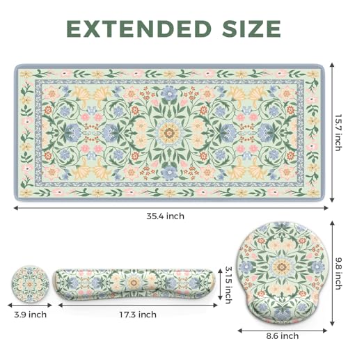 iCasso Desk Cover Mat, Gaming Mouse Pad Wrist Support Set - color: Green Flowers