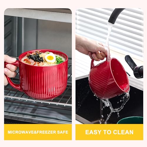 Ceramic Soup Bowl with Handle & Lid, 32oz Microwave Ramen Bowl Burgundy Red - color: Burgundy Red-32, size: 32 OZ