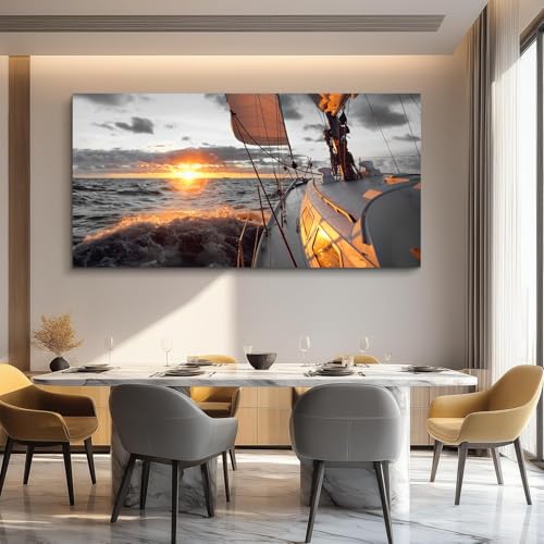 Yxbhhym Large Pictures Living Room Coastal Wall Art Black and White Beach Painting Boat Sunset Wall Art Bedroom Ocean Poster Decor sailboat Canvas Prints Sailing Office Artwork Framed Home Decor - color: AboaS, size: 60"L x 30"W