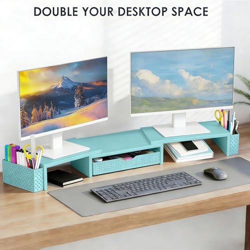 Spacrea Dual Monitor Stand Riser with Drawer and 2 Pen Holders - color: Blue