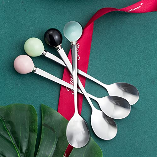Stainless Steel Coffee Spoon,Teaspoon,Sugar Spoon,Korean Dessert Spoon with Ceramic Ball, Spoons 4 Pieces 5.5 Inches Pink - color: Pink