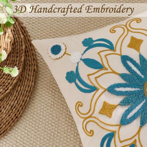 Embroidered Floral Throw Pillow Cover 22x22 Set of 1 Teal - color: Teal, size: 22" x 22" (Pack of 1)