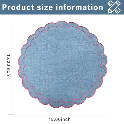 Linen Cotton Placemats Set of 4 Scalloped Flower Embroidery Place Mats 15'' Natural Linen Texture Fabric Machine Washable Table Mats for Restaurant Kitchen,Table Decor(Blue) - color: Blue