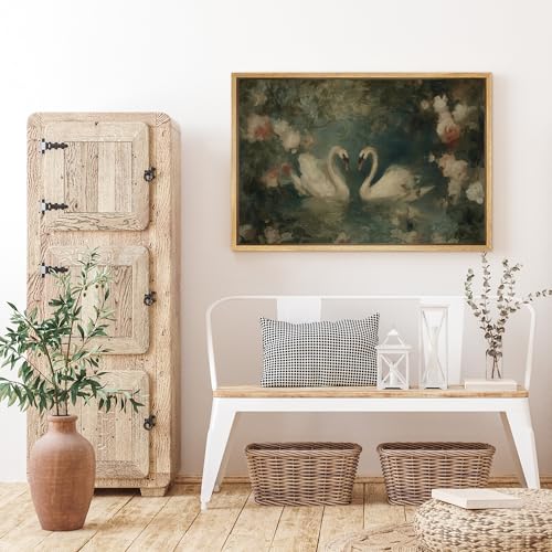 SIGNFORD Framed Canvas Print Wall Art Romantic Swan Pair in Garden Vintage Floral Lake Scene Illustrations Modern Art Decorative Boho Relax/Zen for Living Room, Bedroom, Office - 16x24 NATURAL - color: B08-2508-M25, size: 24"L x 16"W