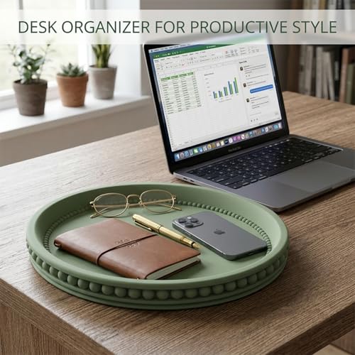 Round Solid Concrete Tray, Fluted Centerpiece for Coffee Table Decor 11" - color: Green