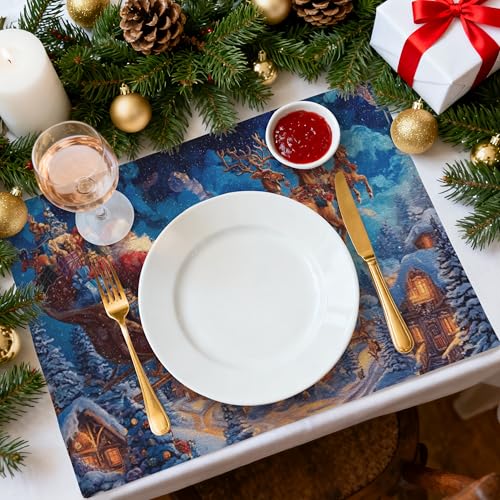 Christmas Night Table Placemats Set of 4 Place Mats Linen Wipeable Placemats Waterproof Rectangle Table Mat for Kitchen Dining Dinner 18 X 12 Inch - color: Christmas Night