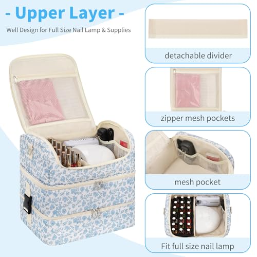 Extra Large Nail Polish Organizer - Three Layer Nail Organizers And Storage Bag, Portable Nail Supplies Organizer Case, Nail Tech Kit Travel Carrying Box with Shoulder Strap (Floral Blue, 117 Slots) - color: Floral Blue, size: 117 Slots