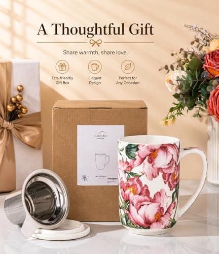 AmorArc Tea Cup With Infuser and Lid, 18oz Loose Leaf Tea Mug With Steeper - color: Colorful Peony