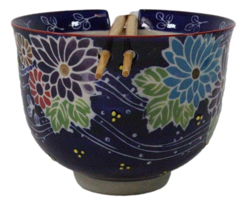 Ebros Gift Artistic Donburi Ramen Udon Noodles Soup Salad 5" D 18Oz Bowl With Bamboo Chopsticks And Built In Rest Set Asian Dining Kitchen Accent (Purple Colorful Flowers In The Wind) - color: Purple Colorful Flowers In The Wind