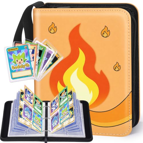 Card Binder, 4-Pocket Design, 400-Card Capacity with 5 Top loaders(Orange Flame) - color: Orange Flame, size: 4-Pocket