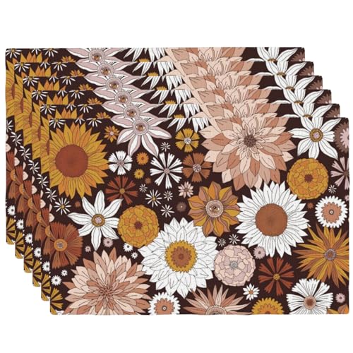 Retro Groovy Flower Power Placemats Set of 6 12x18 Inch - color: Dark Chocolate Brown, size: Set of 6
