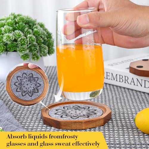 Wood Coasters for Drinks Absorbent with Lip, 4.3 Inch Acacia Wood Grey Felt Coaster with Holder for Wooden Coffee Table for Cups, Mugs, and Glasses - Set of 6 - color: Grey Felt