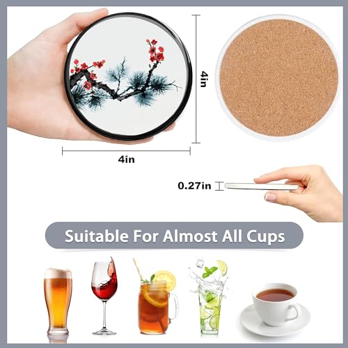 Drink Coasters Set of 6 with Holder,Japanese Cherry Blossom and Fujiyama Mountain Absorbent Ceramic Coasters with Cork Base,Fit All Cups,Tabletop Protection Mat for Mugs and Cups,Office,Kitchen - color: Japanese Cherry Blossom and Fujiyama Mountain