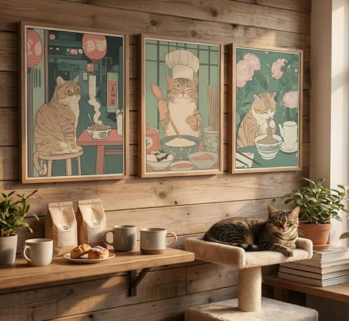 3Pcs Cute Funny Japanese Ramen Cat Canvas Wall Art Tabby Cat Eating Noodles Posters Prints paintings Vintage Japan Edo Period Wall Decor Pictures for Living Room Dining Room Kitchen Home Decoration - color: Ramen cat