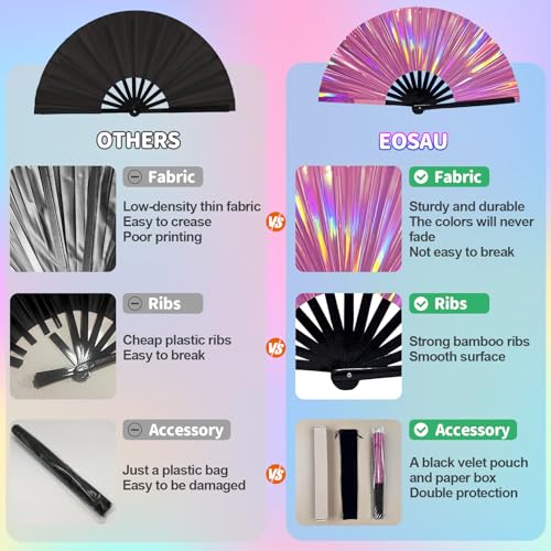 EOSAU Large Holographic Rave Fan, Folding Hand Fans for Line Dancing, Pink - color: 13" Pink 01