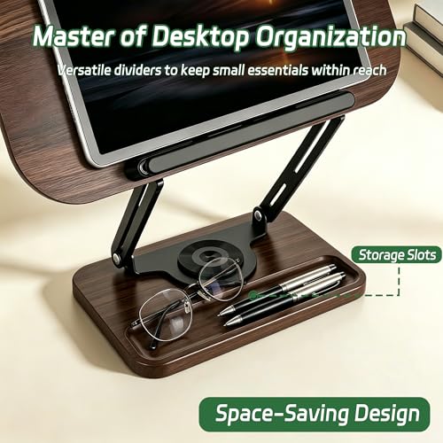 Book Stand for Desk, 360° Rotating Cookbook Holder for Hands-Free Reading Recipe Book Holder with Page Clips, Adjustable Height for Textbooks, Comics, Sheet Music - style: Book Stand(Walnut Finish)