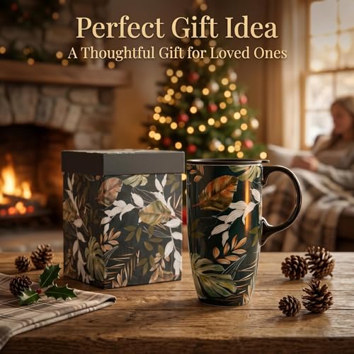 Topadorn 17oz Ceramic Travel Mug with Lid and Handle, Botanical Leaf Coffee Mug, Spill-Resistant, Microwave & Dishwasher Safe, Gift Box Included - color: Leaf