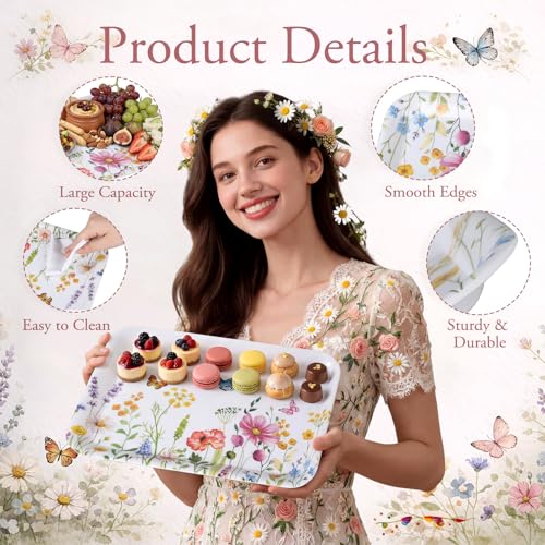 Vesici 4 Pack Wildflower Melamine Serving Trays, 13 x 10 in Rectangular Decorative Platters, Floral Boho Snack & Appetizer Trays for Parties, Buffet, Home Decoration, Multicolor - style: wildflower