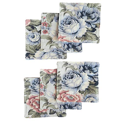 CUSHYSTORE 2 Layers Coasters Saucers Canvas Floral Botanical Fabric 4", 6 Pack - Blue Rose Garden - color: Blue Rose Garden