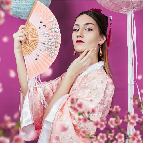 Zonon 4 Pack Hand Held Folding Fans for Women Silk,Vivid - style: Vivid