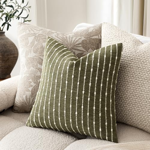 Foindtower Decorative Striped Boucle Throw Pillow Covers 18x18 Olive Green - color: Olive Green, size: 18" x 18" (Pack of 2)