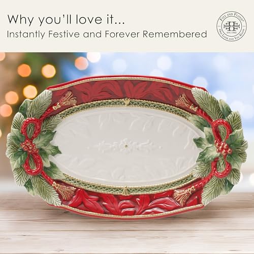Fitz and Floyd Holiday Home Poinsettia Trim Serving Platter, 13.5 inch, Red