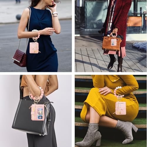 COOLANS Silicone Bracelet Wristlet Wallet Credit Card Holder RFID ID Window Key Ring Tassel Slim Wallet Women Keychain Purse - color: Pink