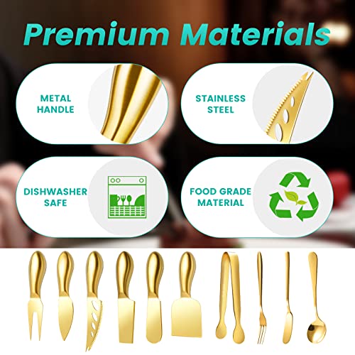 LifeMusican Gold Cheese Knife Set For Charcuterie Board Accessories, Stainless Steel Cheese Slicer And Butter Spreader knives Kit With Serving Tongs, Spoons, Forks, Flags Cheese Markers, Honey Dipper - color: Gold