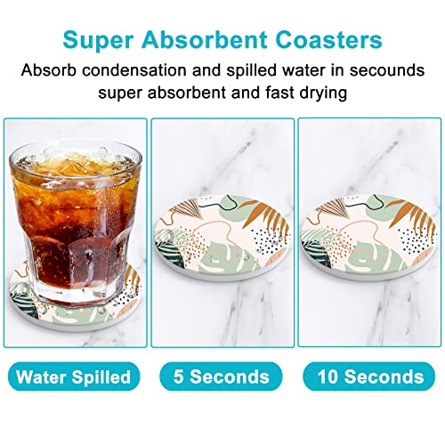 Coasters for Drinks, Set of 6 Cute Absorbent Ceramic Drink Coasters - color: Boho Leaves