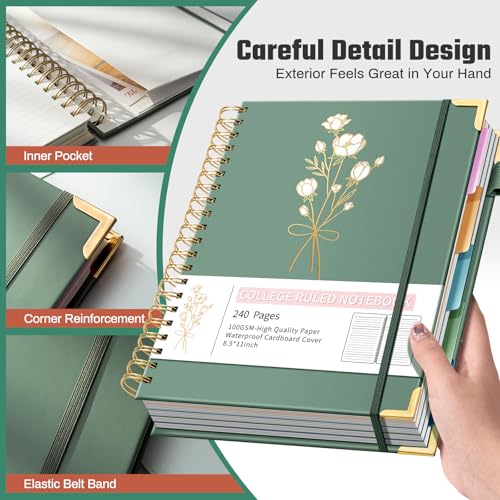 Ovesmusl 5-Subject Hardcover Spiral Notebook, 8.5" x 11", College Ruled - color: Green, size: 8.5"x11"
