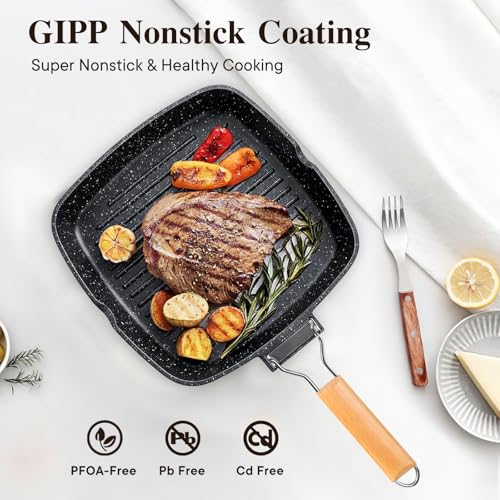 GiPP Nonstick Grill Pan with Folding Handle,Square Grill Skillet, Grilling Pan with Pour Spouts, Versatile Griddle Steak Pan for All Stove,PFOA Free, 9.5 Inch - size: 9.5"*9.5"