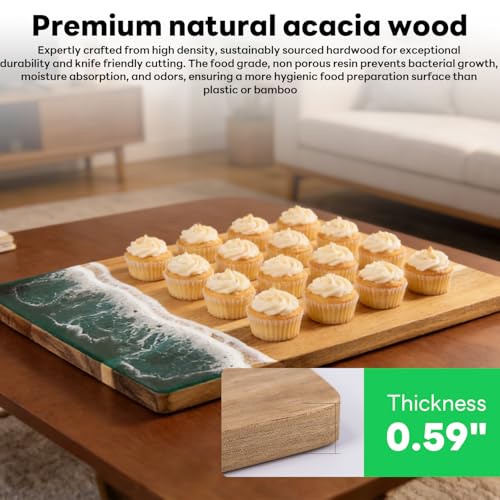 Ocean Resin Charcuterie Board, Acacia Wood & Resin Cutting Board, Decorative Serving Platter for Cheese, Fruit, Snacks, Beach Themed Kitchen Gift for Party, Holiday, Birthday（green） - color: Green