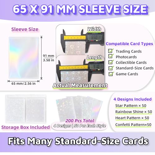 200 Pcs Holographic Card Sleeves 65x91mm, Clear Kpop Photocard Sleeves, Laser Flashing Trading Card Protectors for Photo Cards, TCG, Sports Cards and Collectible Cards, 4 Designs