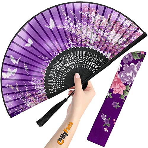 Hand Fan for Women Foldable - Folding Chinese Japanese Vintage Bamboo Silk Fan - Ideal for Hot Flashes, Church, EDM, Festivals, Dancing and Gifts (Sakura-Purple) - color: Sakura-purple
