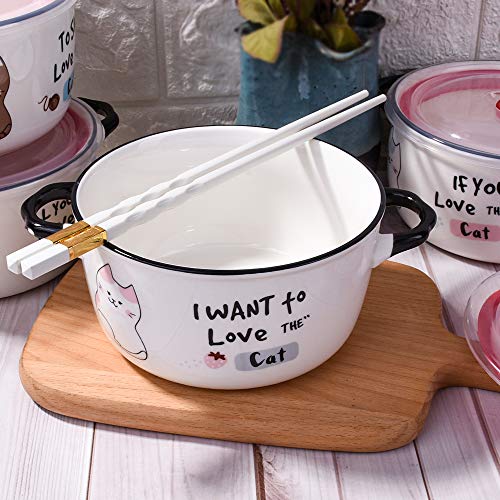 Ceramic Soup Bowl with Lid and Handles, 750 ML Cute Cartoon Cat Ramen Bowl