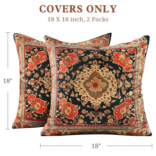 Vintage Floral Soft Velvet Throw Pillow Covers 18x18 in Boho - color: Black, size: 18" x 18" (Pack of 2)