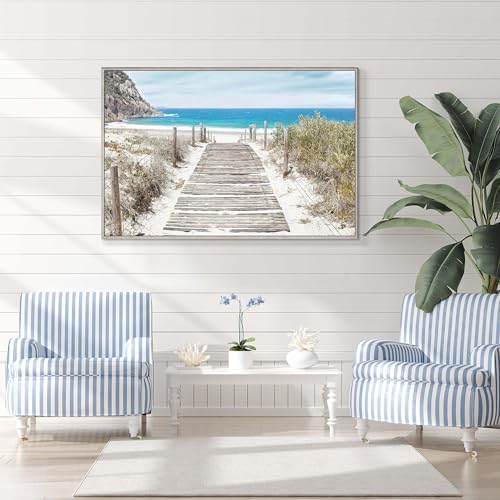 Coastal Framed Wall Art Decor: Beach Scene Canvas Painting Ocean Seascape Sea Landscape Picture Large Seaside Boardwalk Print Artwork for Living Room Bedroom Office 45 x 30 Inch - color: Boardwalk, size: 45"L x 30"W