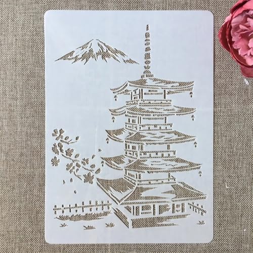 TIAMECH A4 Reusable Japanese Tower Stencil for Painting - style: Japanese Tower