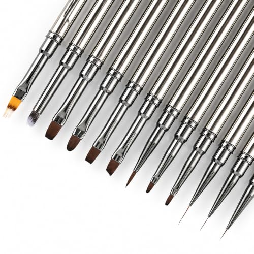 12Pcs Metal Nail Art Brush Set, Professional Nail Brush Acrylic Manicure Brushes Pen with Liner Flat Round French Detail Ombre Brushes for Gel Polish, 3D Design, Clean Up Tools - color: Professional Nail Brush Set-12pcs