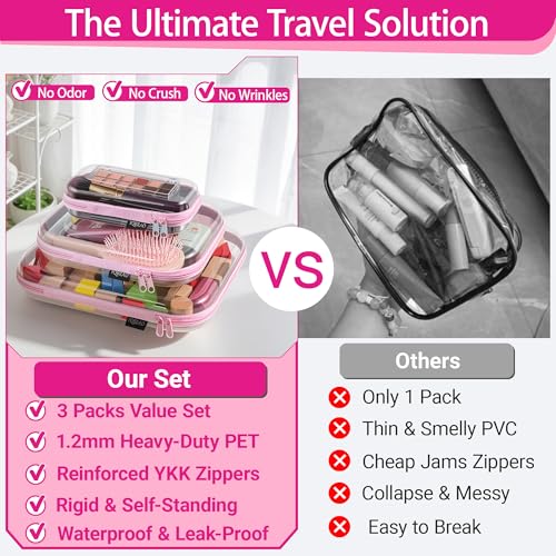 YQBRAO 3-Piece Clear Hard Shell Zipper Case Set, 1L 1M 1S, Pink - color: Pink, size: LMS