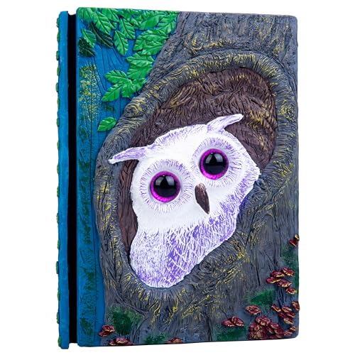 Handmade Cute Owl in Tree Hole 3D Journal,Resin Engraving Notebook,Hardcover Travel Diary for Writing,Sketchbook,Collection,Gift,Decoration Diary for Man And Woman A5 Size （white） (Purple) - color: Purple