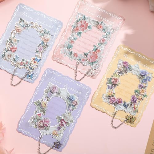 4 Pieces Metal Bookmarks for Women, Large Size Cute Hollow Bookmark Garland Flower Window Butterfly Unique Book Mark for Reading, Artistic Gift for Book Lovers Writers Readers Children Teens Men - style: 4Pcs Flower window