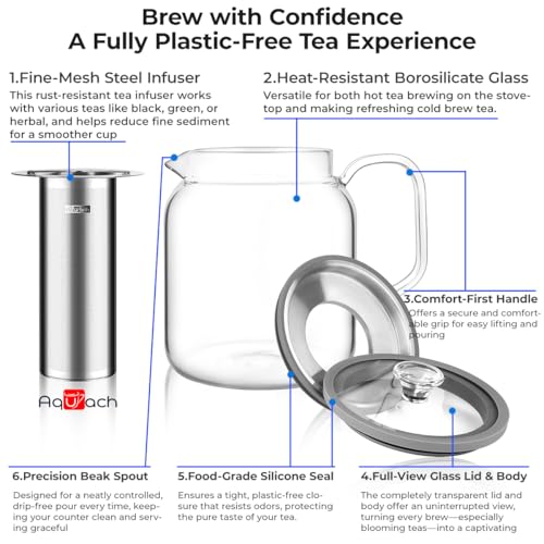 Aquach 68oz Glass Teapot Stovetop Safe with Loose Leaf Tea Steeper - size: 68oz｜2000ml
