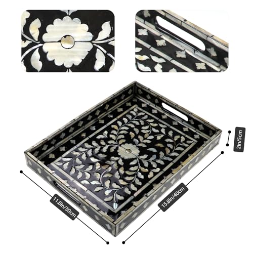 Rectangular Mother of Pearl Serving Tray, Handmade Ottoman Decorative Shell Tray with Handles for Fruit Bread Tea Breakfast Coffee Table Party Home Decor (Black Wicker Butterfly) - color: Black Wicker Butterfly