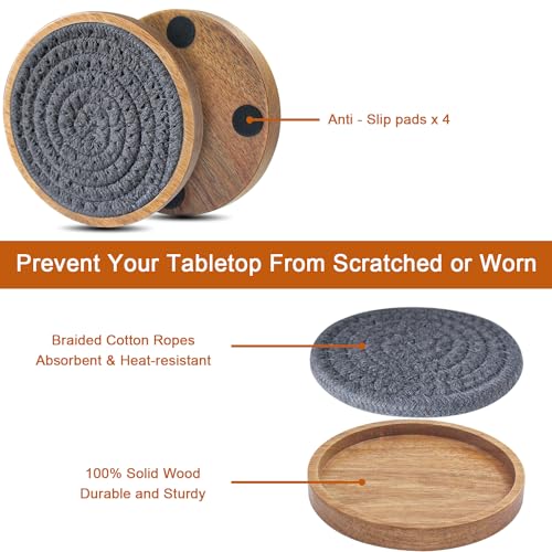Wood Coasters for Drinks, Eykao Absorbent Coaster Sets of 8, Woven Drink Coasters for Coffee Table, Housewarming Gift for Farmhouse Home Decor,4 inches - color: Dark Grey