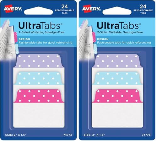 Avery Multiuse Ultra Tabs, 2" x 1.5", 2-Side Writable, Assorted Pastel Dots, 24 Repositionable Tabs (74773) (Pack of 2) - color: Assorted Pastel Dots, size: 24 tabs (Pack of 2), style: 24 tabs