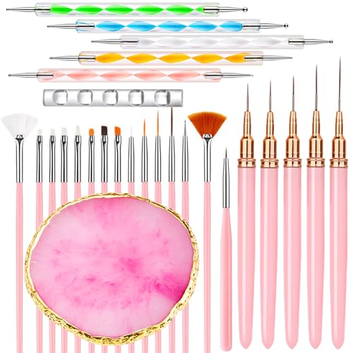 Nail Art Tools 27Pcs Set,Nail Art Brush,Resin Nail Art Palette,5 Pcs Nail Art Pens Liner Brush,2-way Acrylic Silicone Engraving Pen Dotting Pen Tools Nail Art Kit for Nail Art DIY - color: D3#Pink Style 5