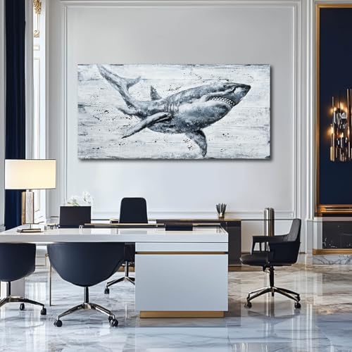 Ocevarin Ocean Animal Canvas Wall Art Large Shark Art Prints Vintage Wall Decor Beach Posters Contemporary Artwork for Living Room Office Home 29x58 Inch - color: Shark, size: 58"L x 29"W